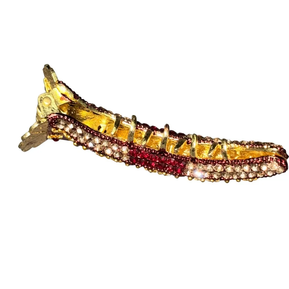 Vintage Ornate Rhinestone Banana Hair Clip Gold Burgundy Enamel Filigree Crystal